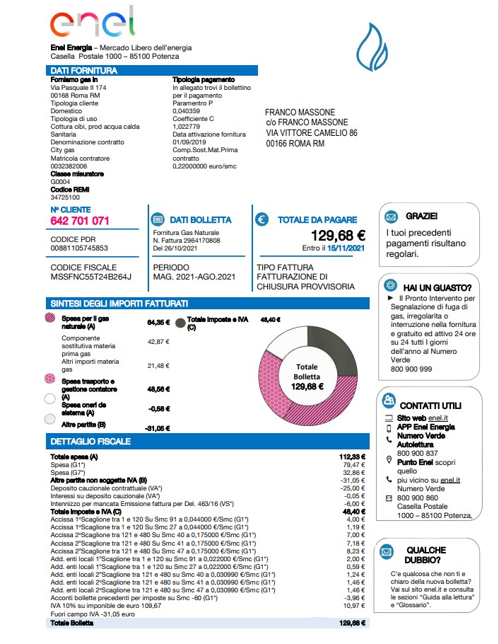 Italy Enel Energia utility bill template in Word and PDF format